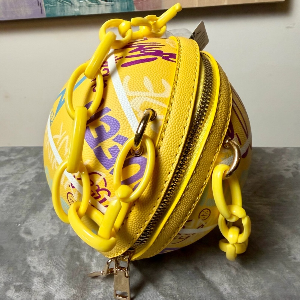 Brand New Yellow Graphic Round Bag with Chain - Picture 4 of 14